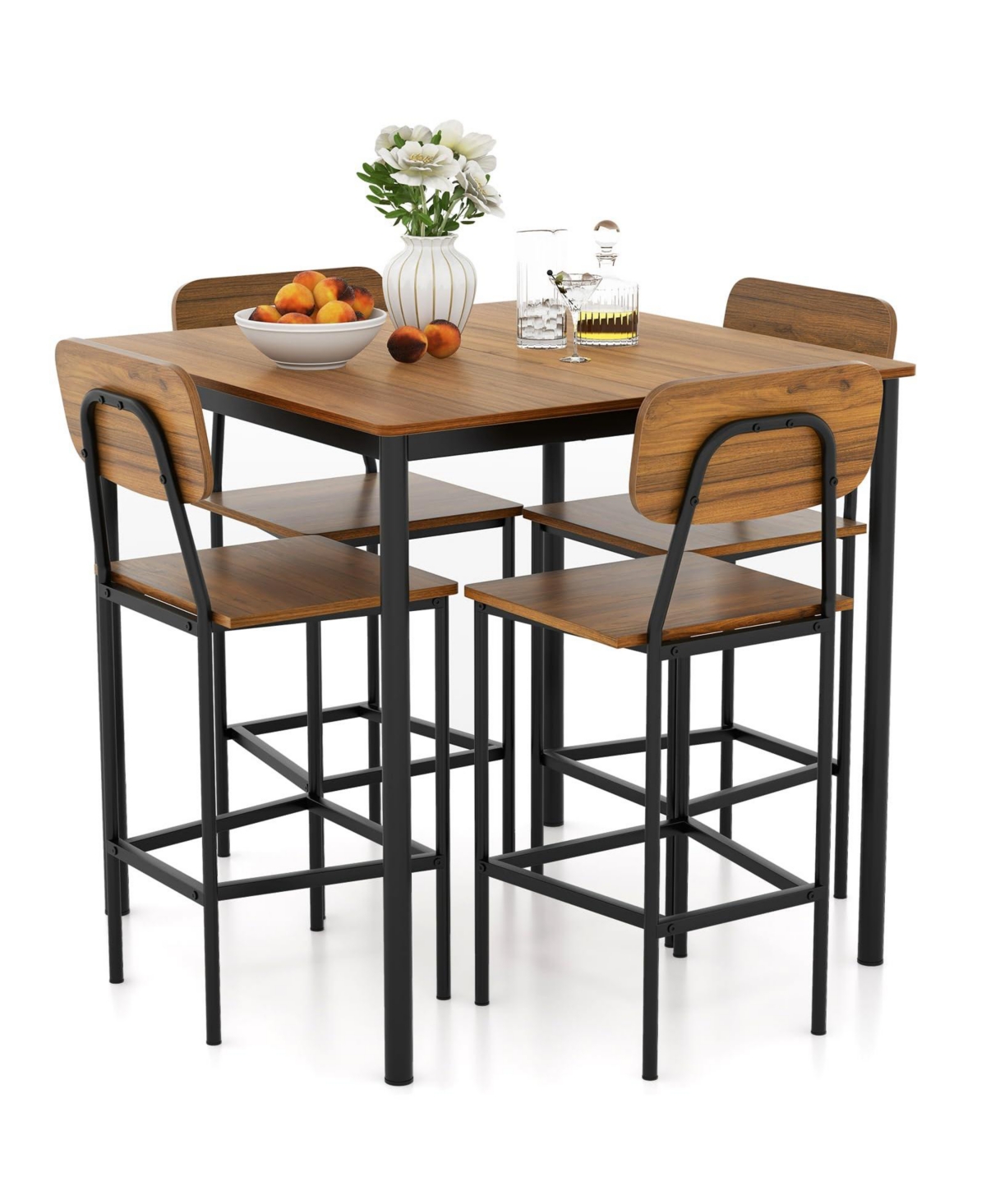 Sugift 5 Pieces Industrial Dining Table Set with Counter Height Table and 4 Bar Stools-Dark Brown