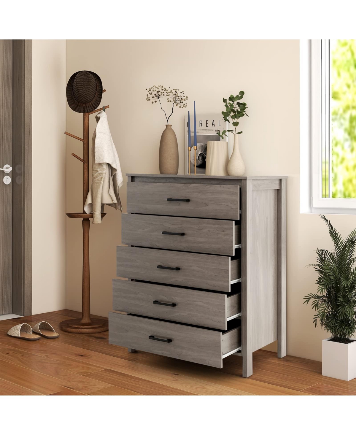 Modern 5-Drawer Multipurpose Chest Dresser with Metal Handles