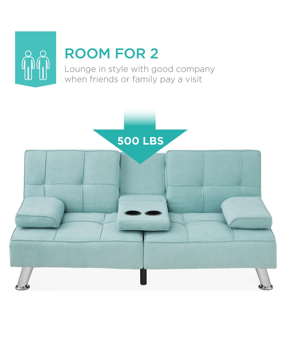 Best Choice Products Modern Linen Convertible Futon Sofa Bed w/ Removable Armrests, Metal Legs, Cupholders