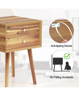 2PCS Wooden Nightstand Mid-Century End Side Table W/2 Storage Drawers