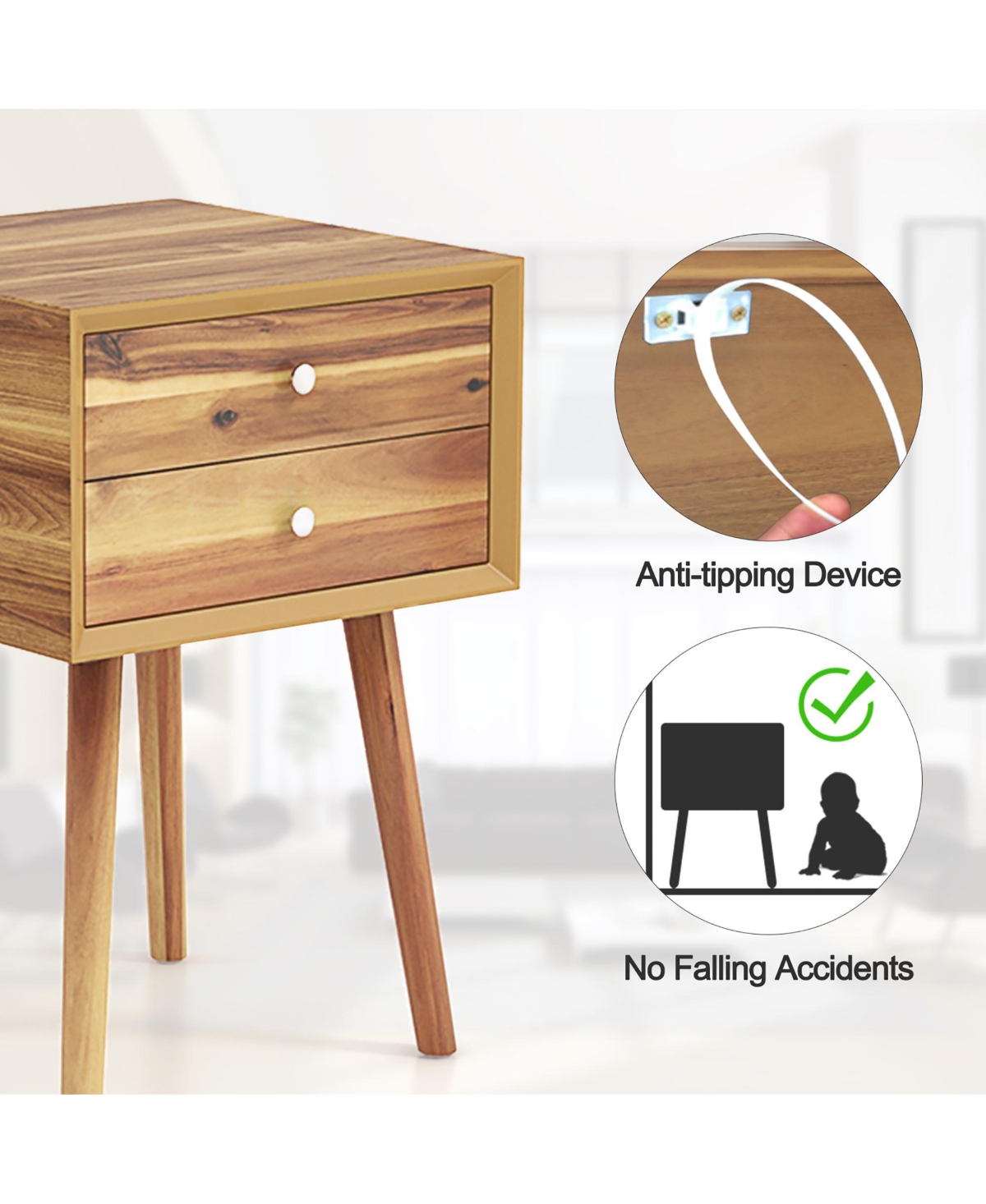 Gymax 2PCS Wooden Nightstand Mid-Century End Side Table W/2 Storage Drawers- Natural