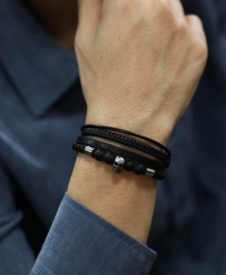 Silver Multi Leather Skull Stainless Steel Bracelet