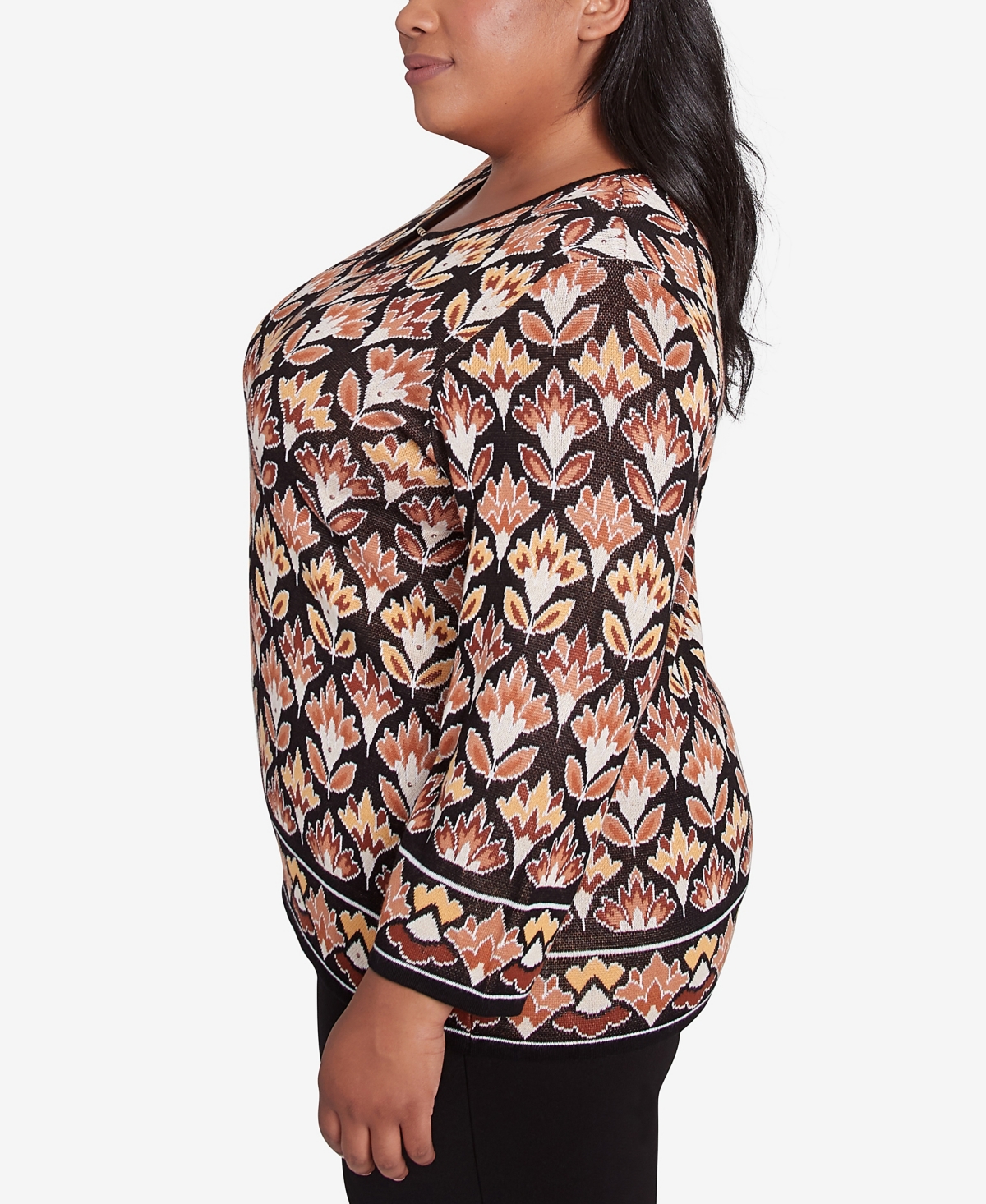 Alfred Dunner Plus Size Rue Rivoli Medallion Beaded Split Neck Sweater In Neutral Multi