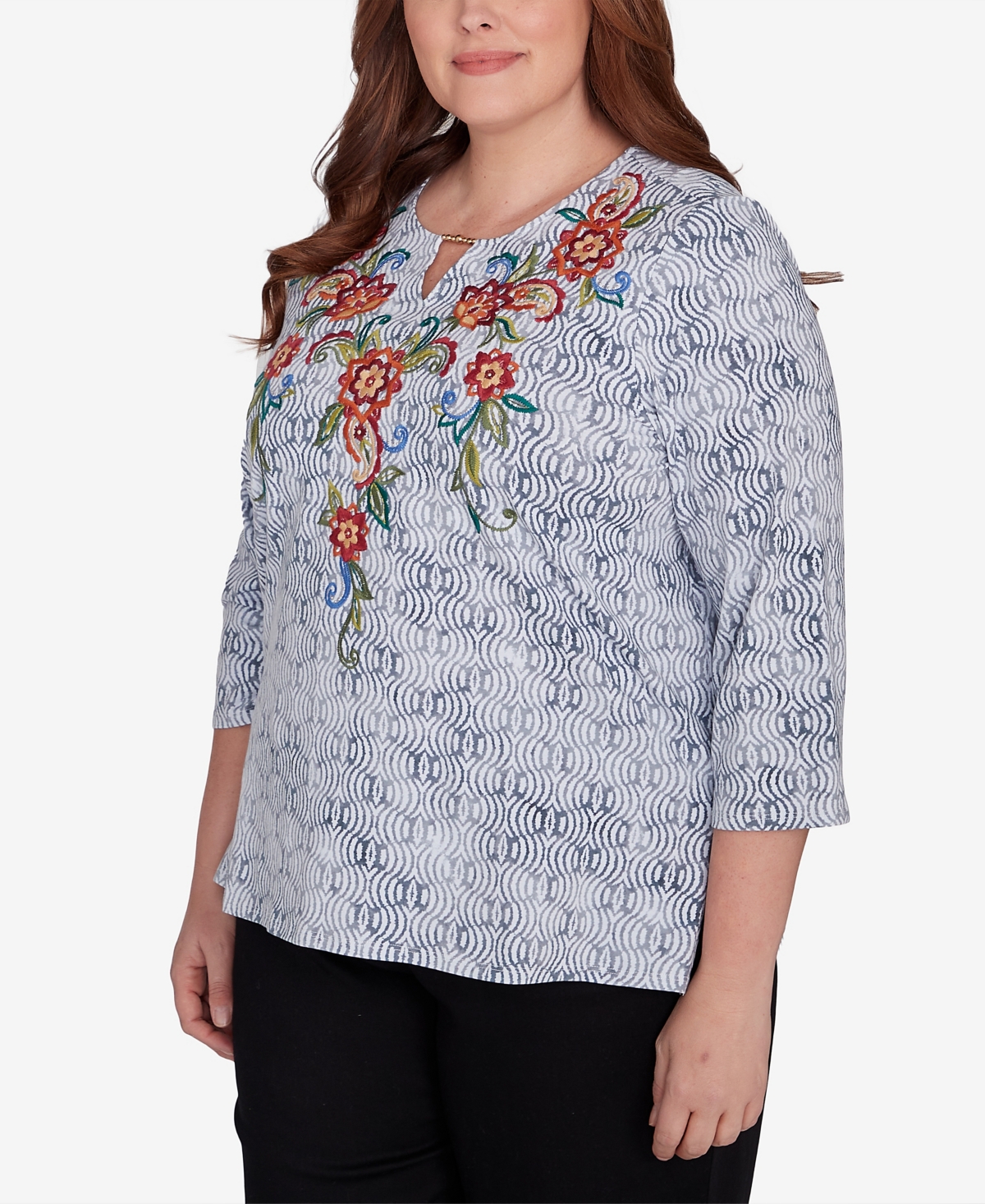 Alfred Dunner Plus Size Harvest Moon Textured Floral Embroidered Split Neck Top