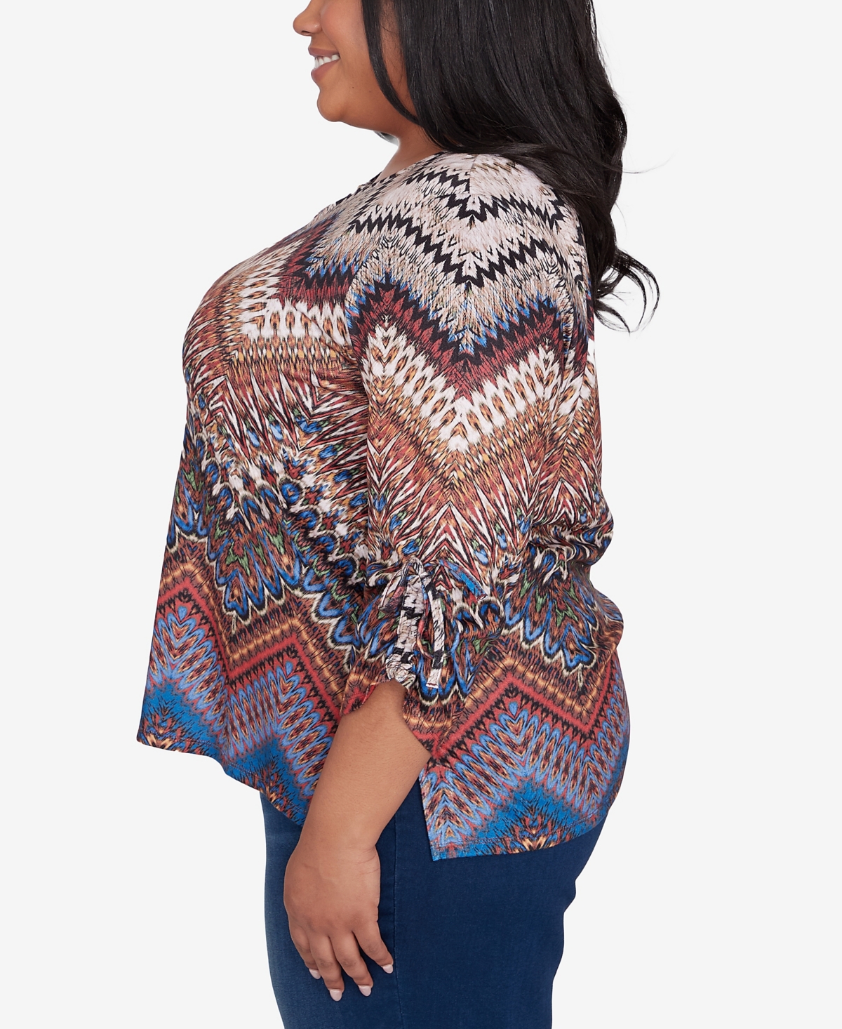 Alfred Dunner Plus Size Harvest Moon Textured Chevron Ruched Sleeve Top In Neutral Multi