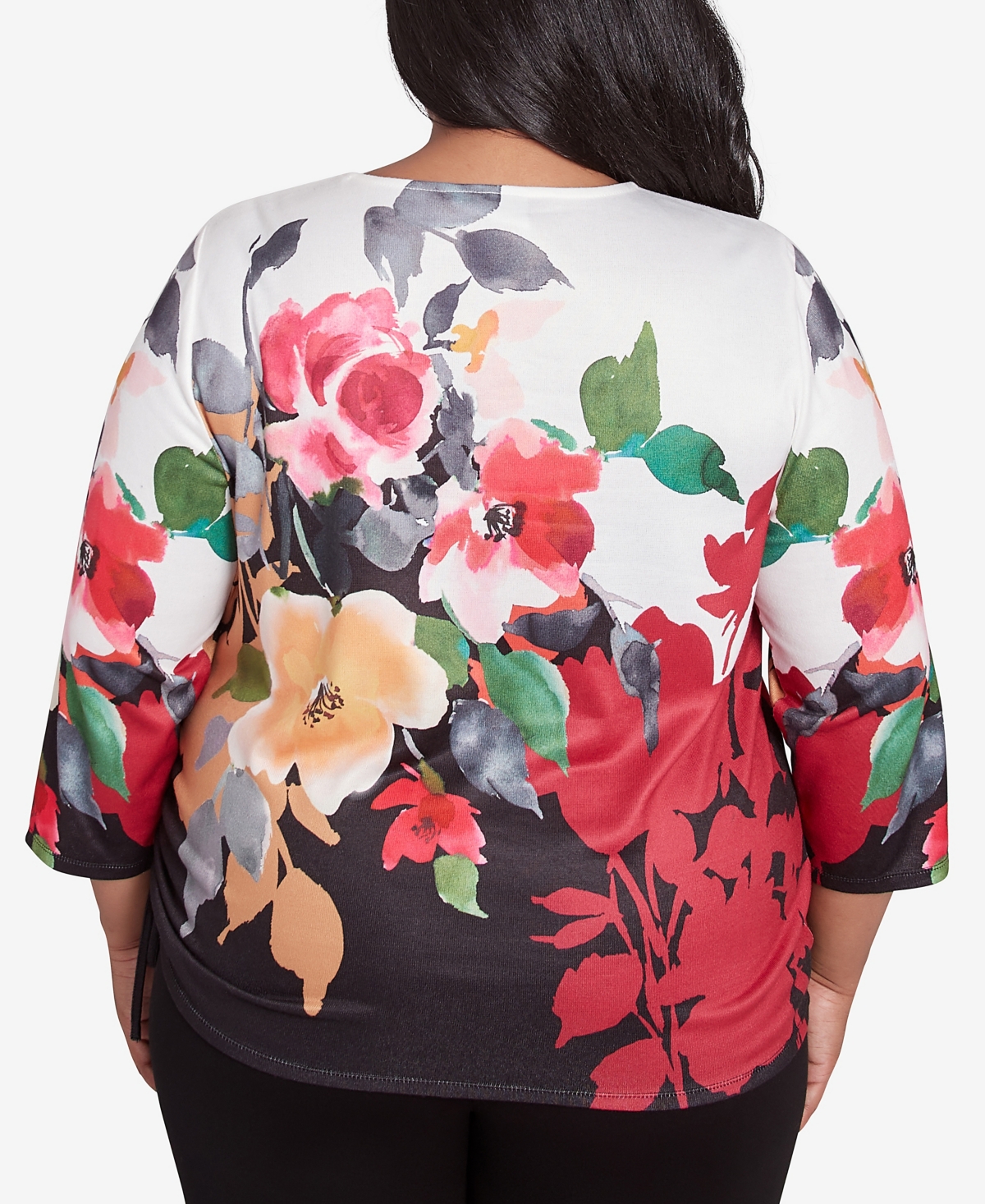Alfred Dunner Plus Size Runway Ready Floral Crew Neck Top With Drawstring Hem In Multi Black