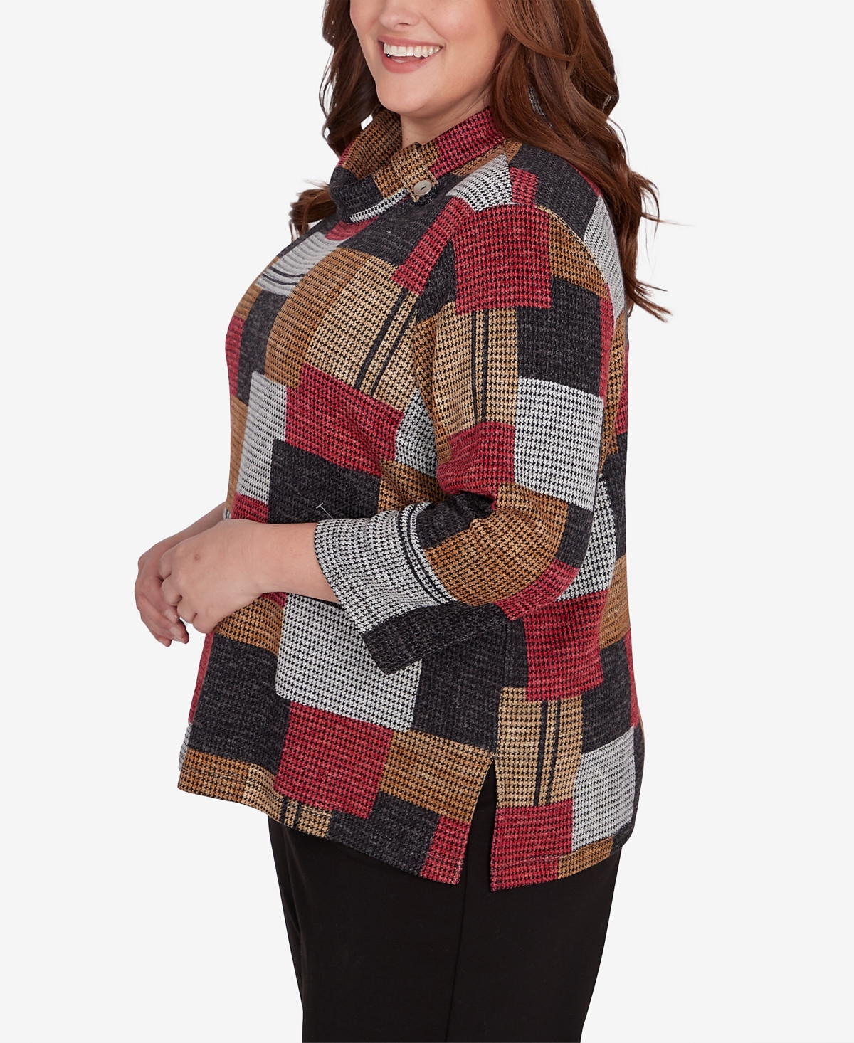 Alfred Dunner Plus Size Runway Ready Houndstooth Patchwork Cowl Neck Top
