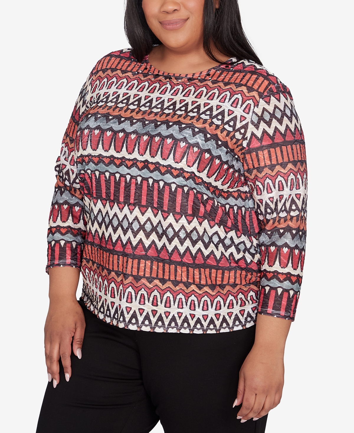 Alfred Dunner Plus Size Runway Ready Geometric Crew Neck Ruched Side Top In Multi Red