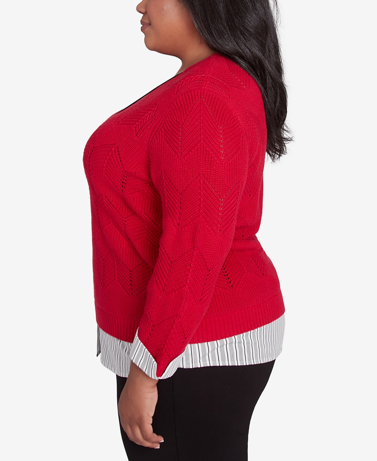 Alfred Dunner Plus Size Runway Ready Woven Chevron Sweater With Necklace In Red