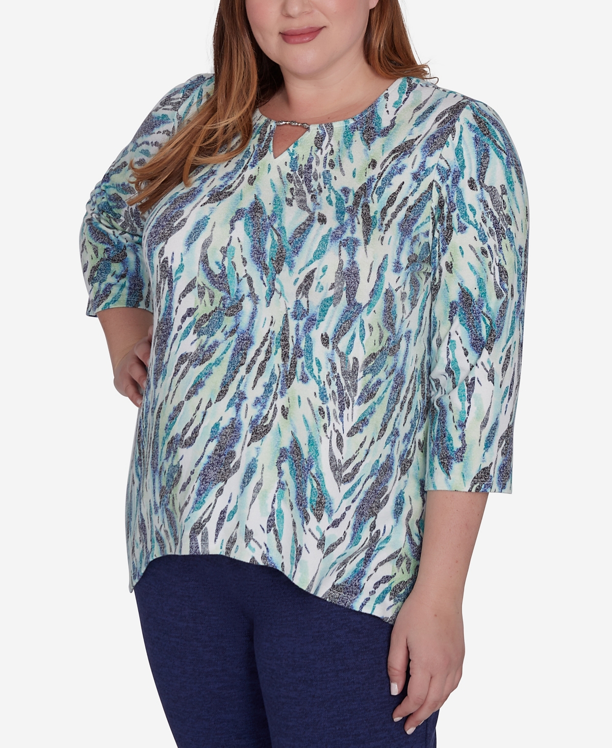 Alfred Dunner Plus Size French Quarter Teal Animal Print Split Neck Top In Multi Green