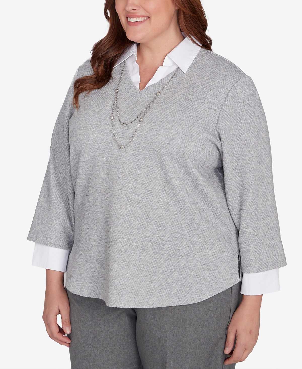 Alfred Dunner Plus Size Copenhagen Soft Collared Two In One Top With Necklace In Pewter