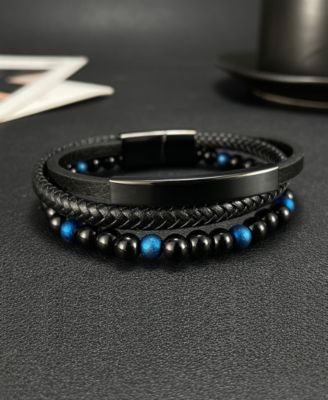 Blue Beaded Identification Leather Stainless Steel Bracelet