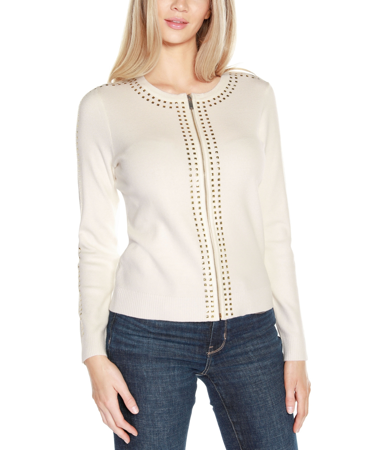 Belldini Women's Black Label Crewneck Embellished Zip Cardigan Sweater -Gold