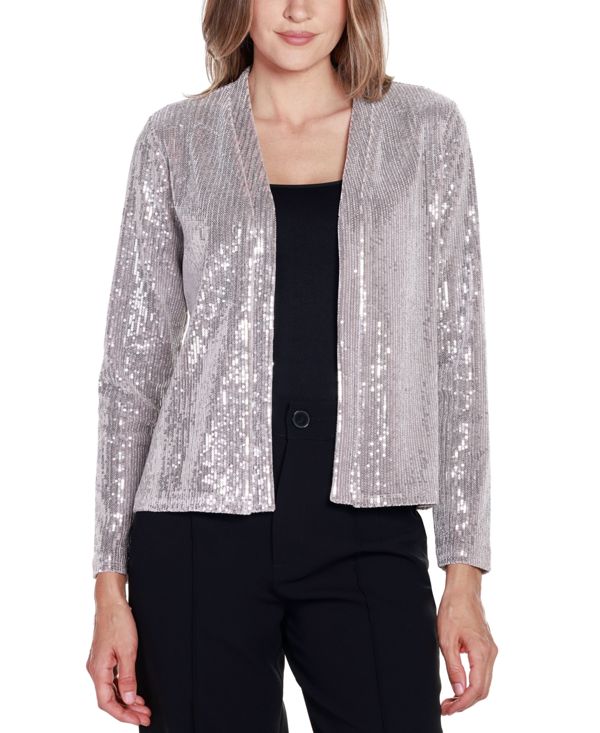 Women's Black Label Stretch Velvet Sequin Knit Cardigan Top - Silver