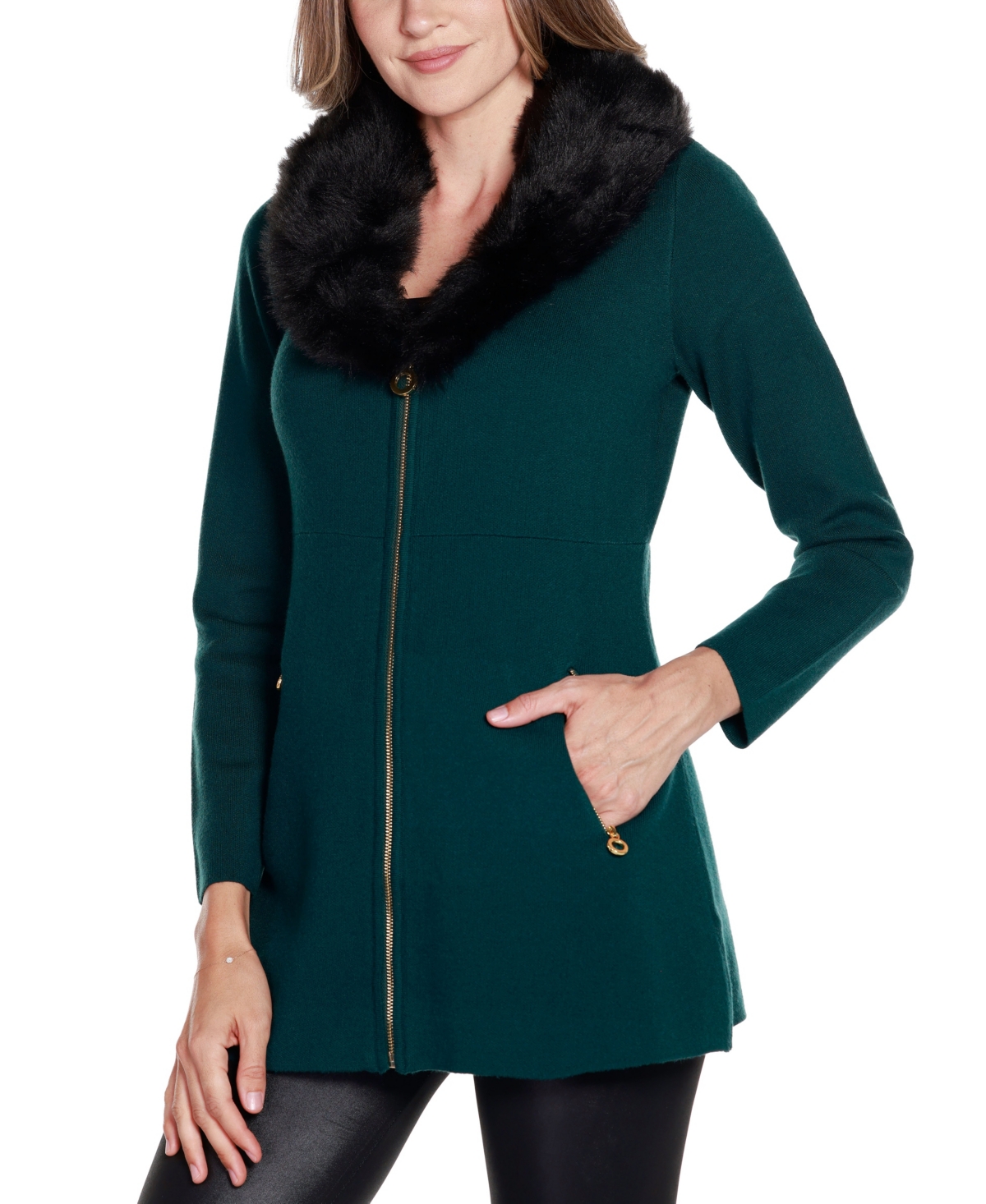 Belldini Women's Black Label Faux Fur Collar Cardigan Sweater -/ Black