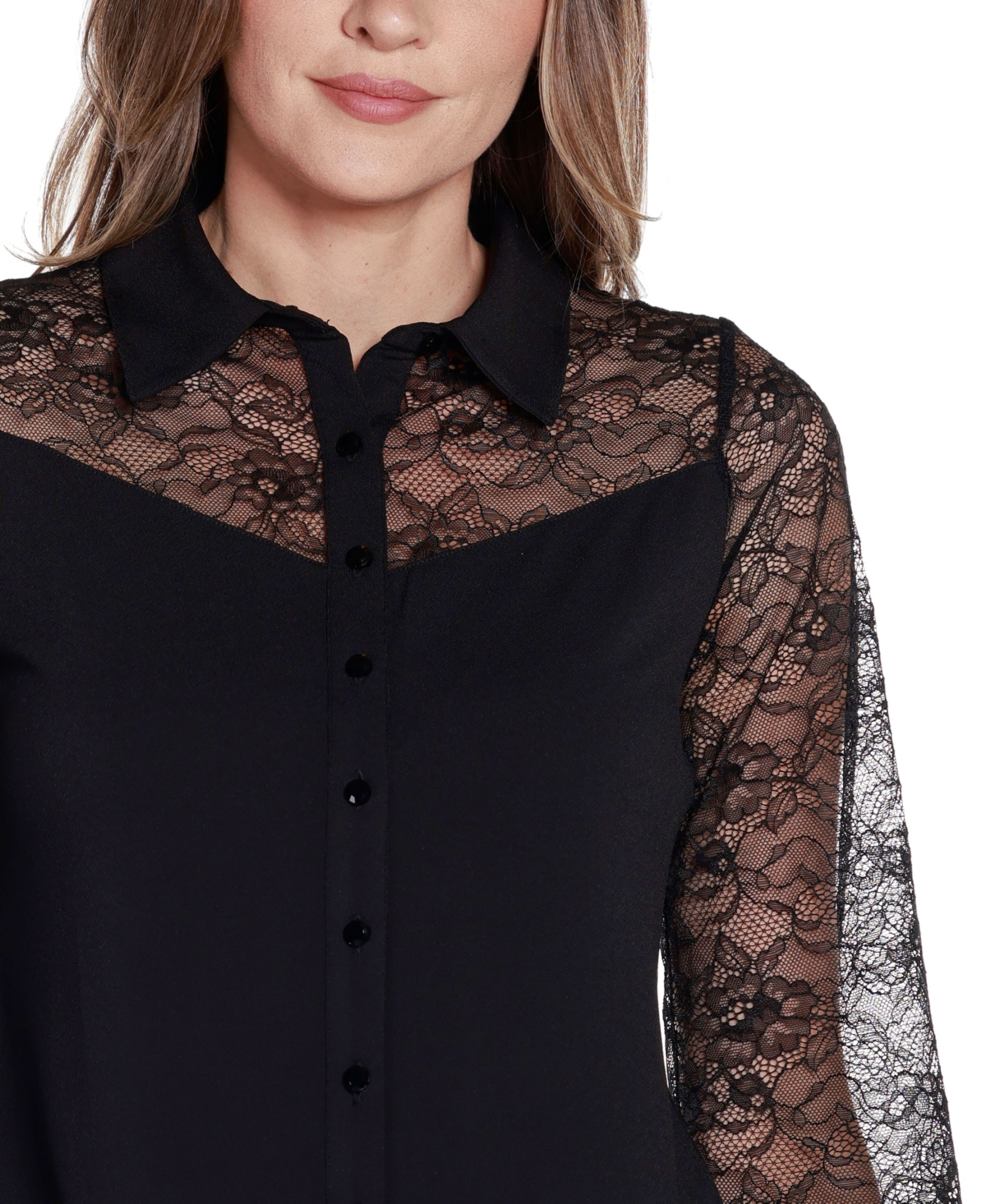 Belldini Women'sLabel Lace Inset Knit Blouse - Black