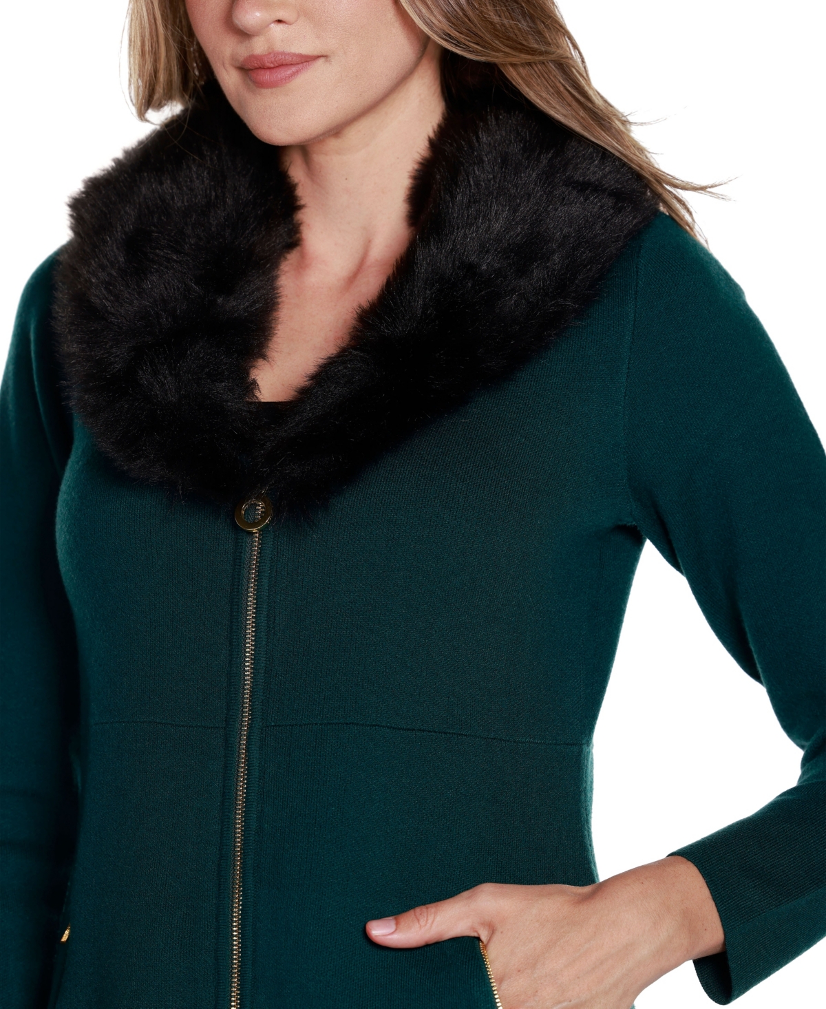 Belldini Women's Black Label Faux Fur Collar Cardigan Sweater -/ Black
