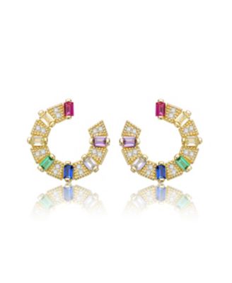 Sterling Silver 14k Gold Plated Rainbow with Cubic Zirconia Front-Facing C-Hoop Earrings
