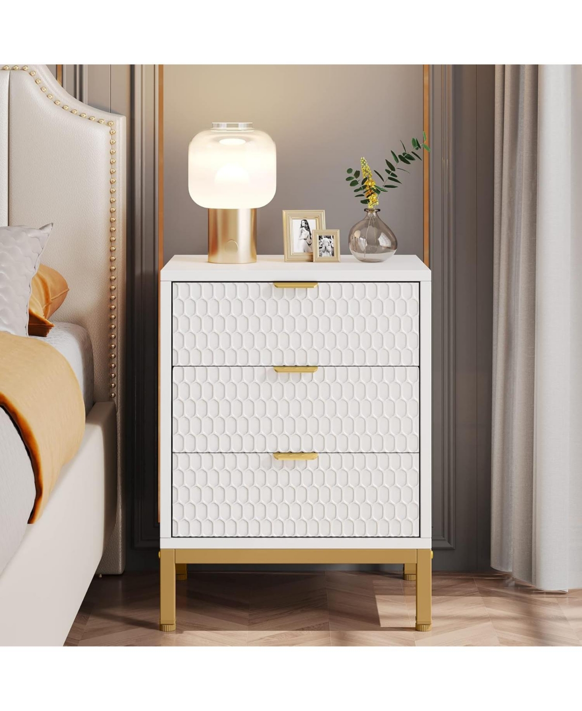 Tribesigns 3-Drawer Nightstand Set of 2, Tall Modern Bedside Table, Large Side End Table with Storage Drawers for Bedroom - White and gold