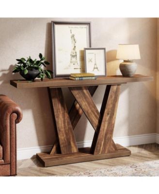 55-Inch Farmhouse Console Table, Entryway Table with Geometric Base, Narrow Sofa Table Rustic Wood Hallway Table, Rustic Brown