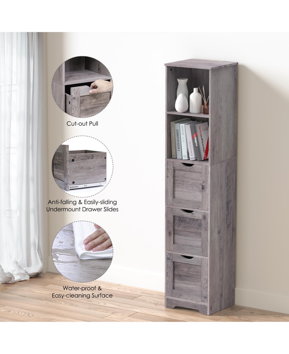 SlickblueBathroom Floor Cabinet – Tall, Narrow Storage with 3 Drawers, 2 Shelves - Grey