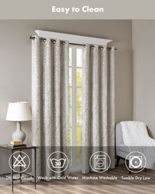 Mirage Knitted Jacquard Damask Total blackout curtains for bedroom, Silver grommet top fit up to 1.25 inches rod Single Curtain Panel for Living Room, Width 50 length 84 inches, Pitch Black Ambiance Charcoal 1 Window Panel