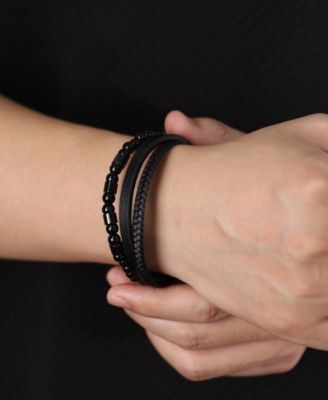Leather Black Beaded Stainless Steel Bracelet