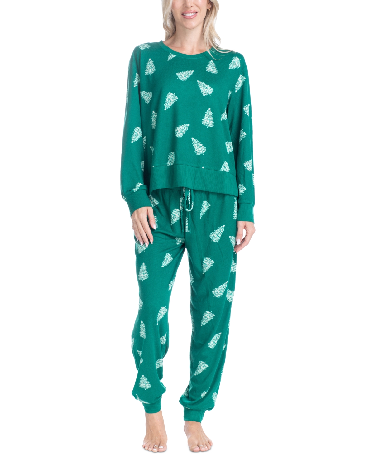 Women's Printed Waffle-Knit Pajama Set - Emerald Tree