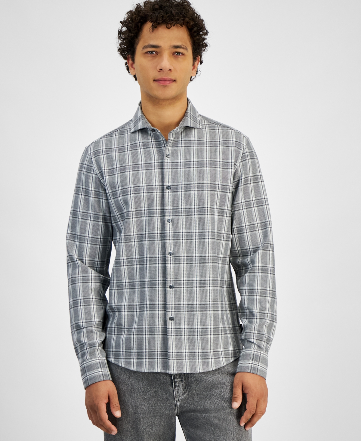 Michael Kors Men's Slim-fit Stretch Prince Of Wales Check Button-down Shirt In Black