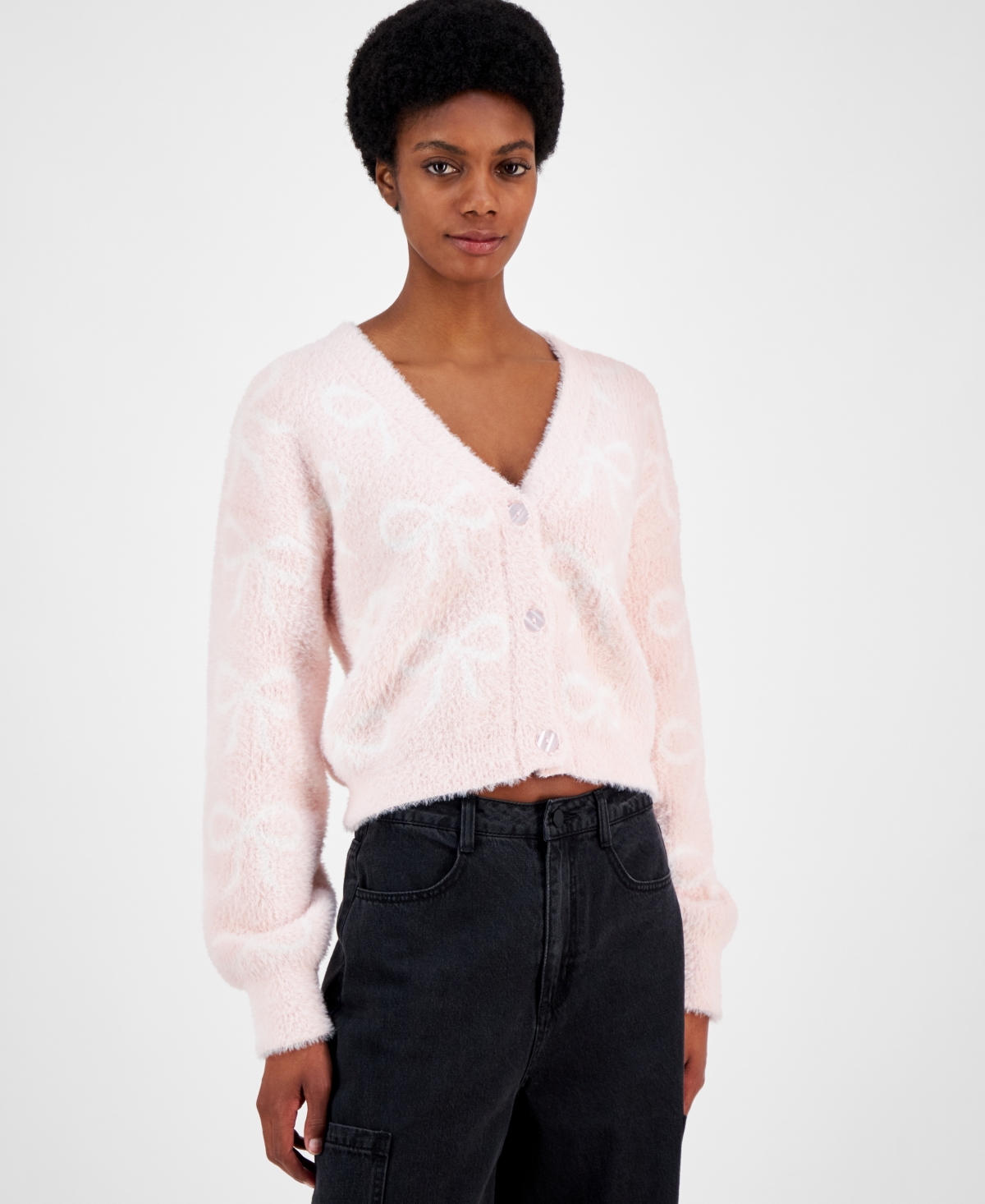 Juniors' Bow-Print Eyelash Button-Front Sweater - Icy Pink Bow Combo