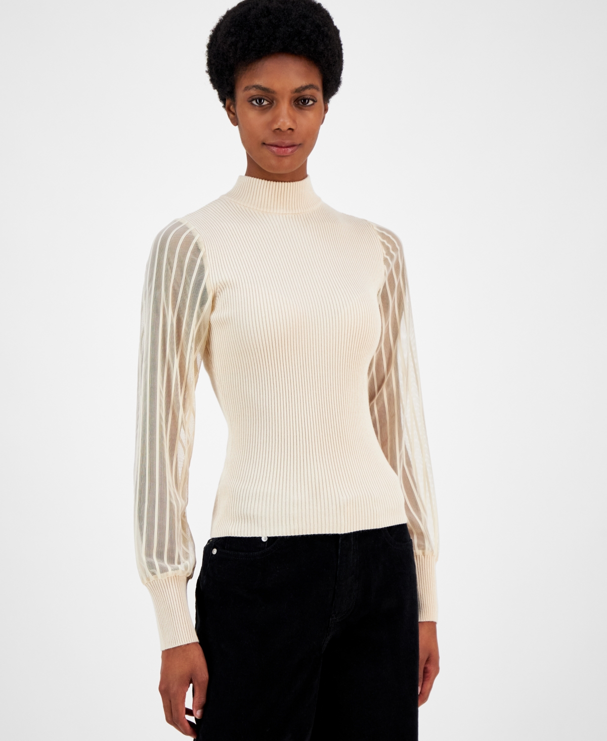 Juniors' Ribbed Woven-Sleeve Mock-Neck Sweater - Irish Cream