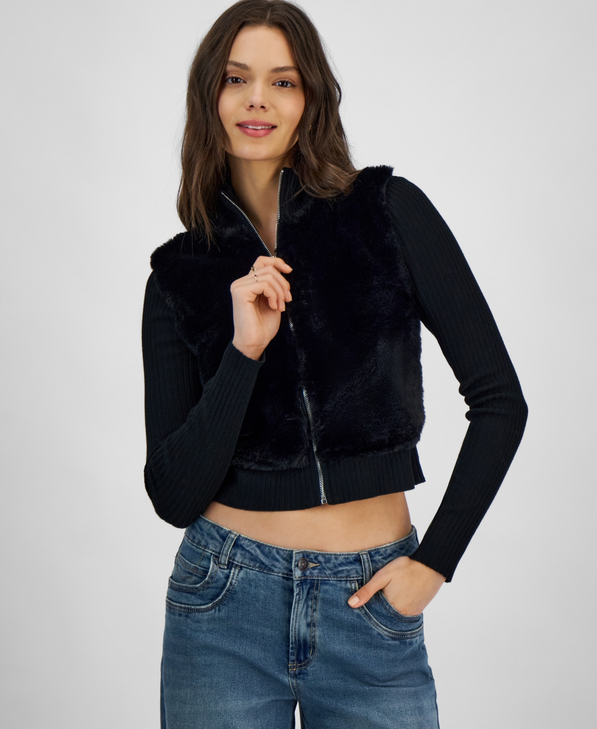 Ultra Flirt Juniors Faux Fur Trim Zip Front Cardigan Black