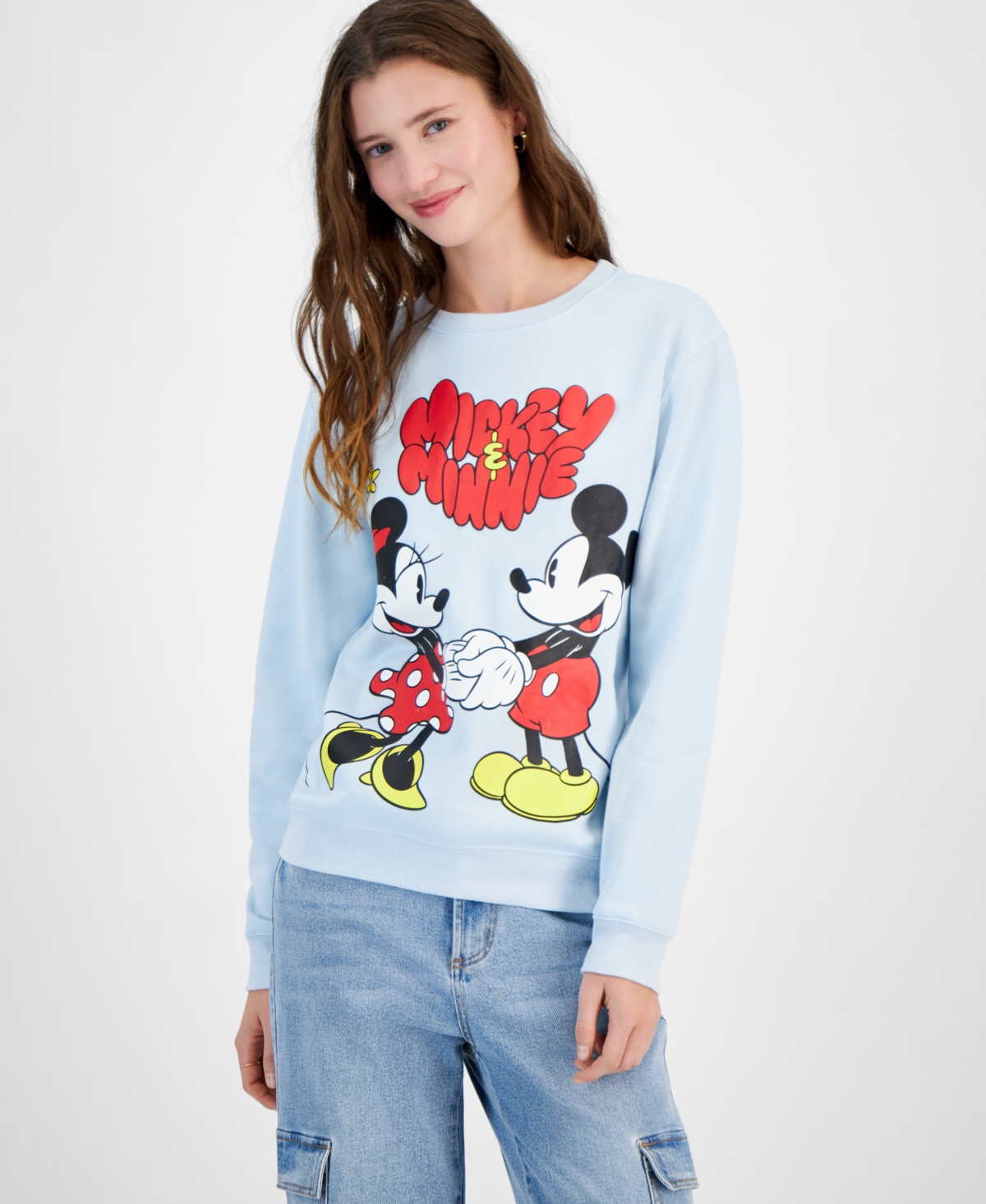 Shop Disney Juniors' Mickey And Minnie Graphic Sweatshirt In Nantucket Breeze