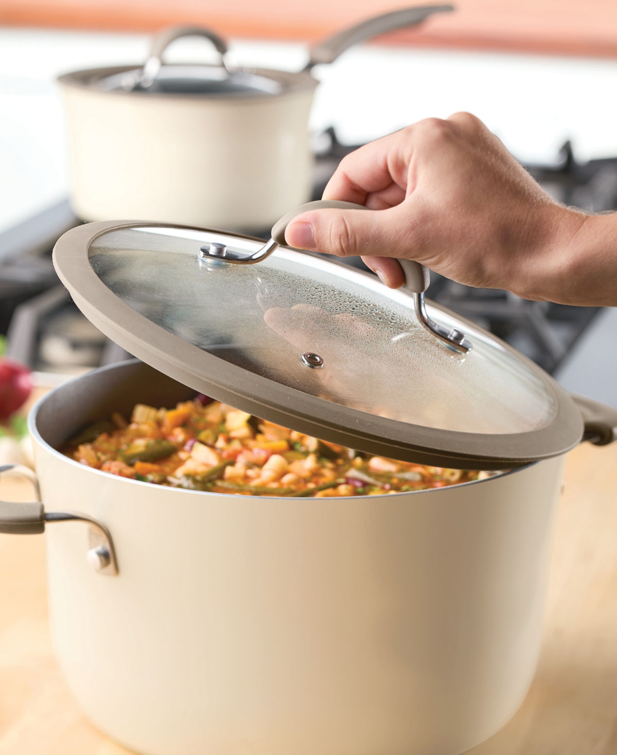 RACHAEL RAY COOK + CREATE 10" SILICONE-RIMMED GLASS LID, TAUPE 
