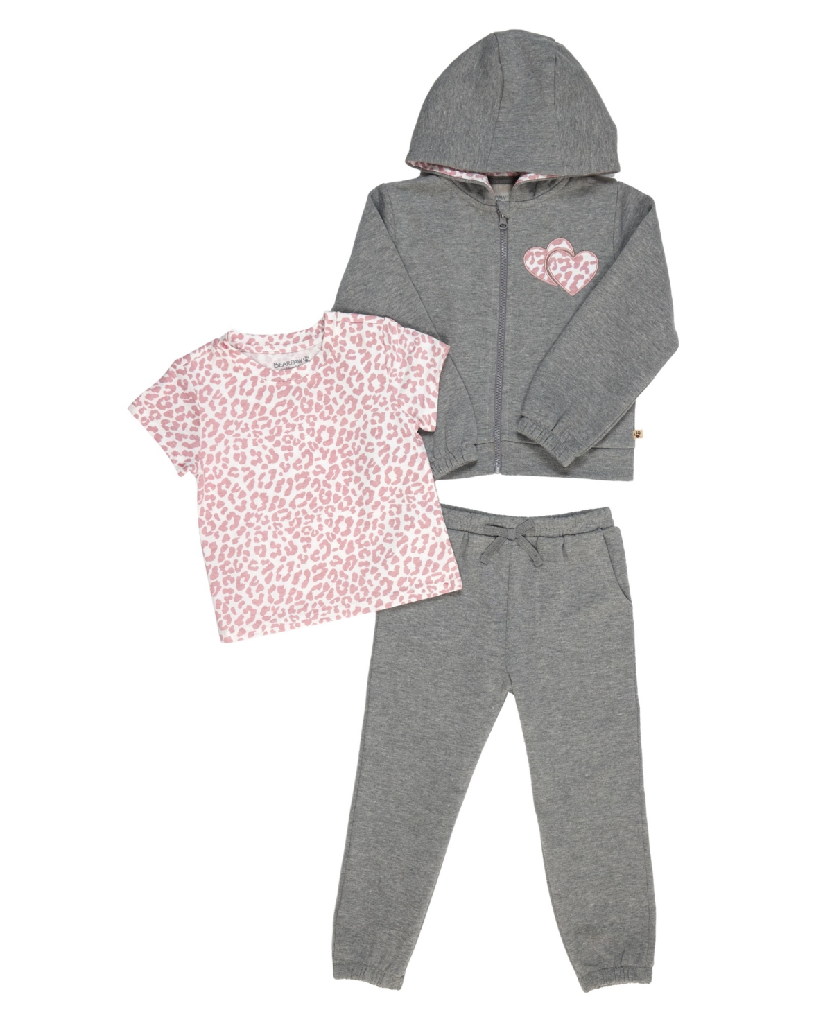 Bearpaw Toddler Girls 3 Piece Zip Up Hoodie, Tshirt, and Joggers Outfit Set