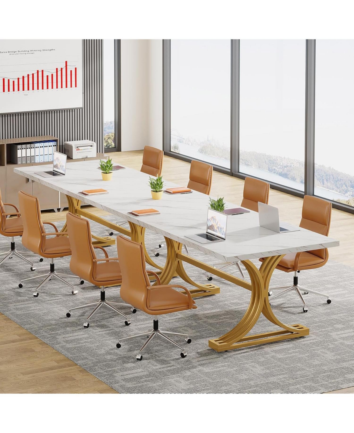 Tribesigns 2 Pcs Faux Marble Conference Table, 10.5FT Modern Meeting Table with Gold Legs for 8-10 People, Rectangle Seminar Boardroom Table for Offic