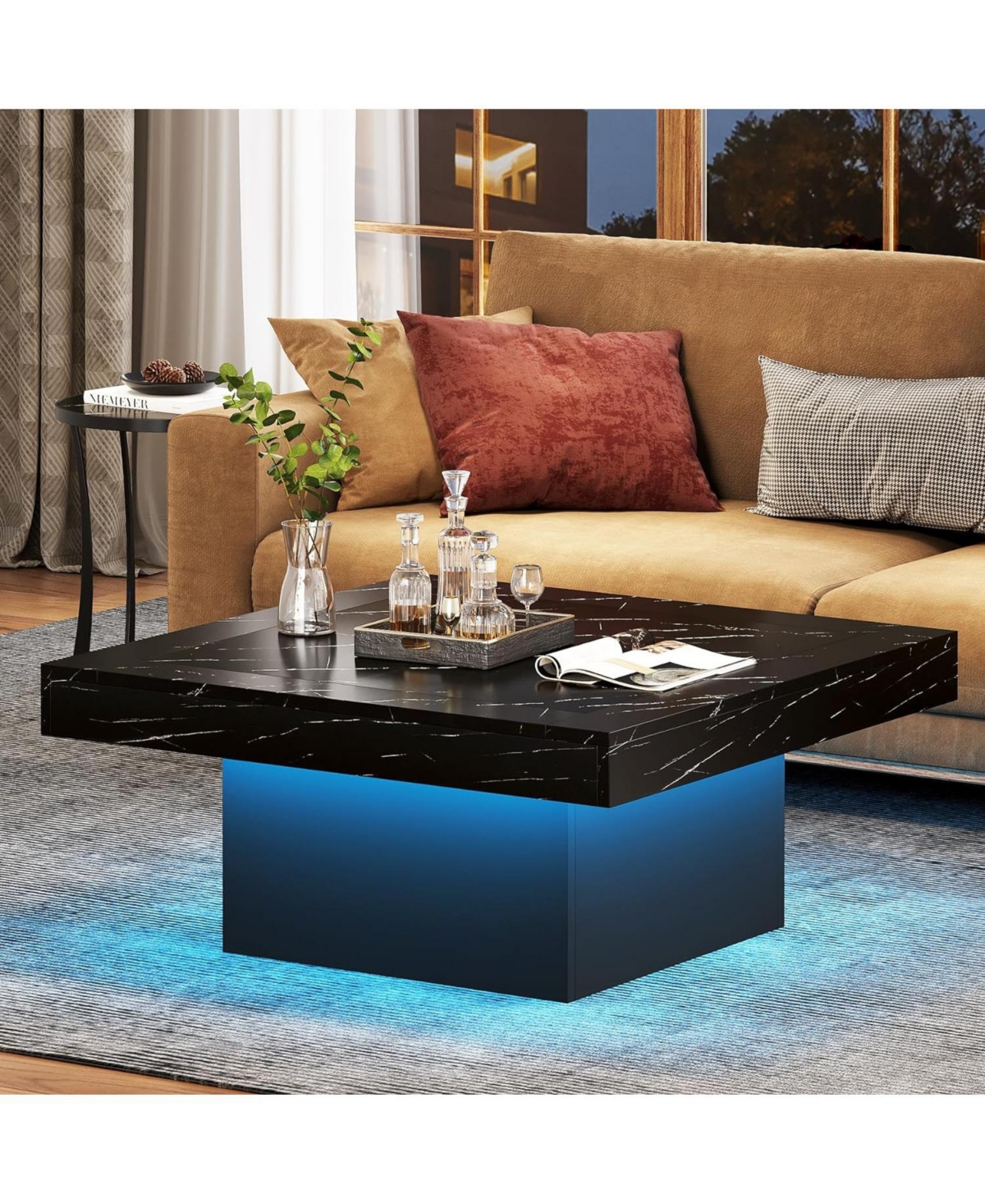 Tribesigns Led Coffee Table, Square Coffee Table Wood Low Coffee Table for Living Room - Faux marble black+black