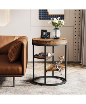 Round End Table, Small End Table with 3 Storage Shelves,Industrial Wooden Sofa Side Table, Rustic Brown Nightstand and Bedside Table