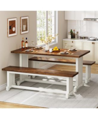 47" Dining Table Set for 4-6, 3-Piece Kitchen Room Table with 2 Benches, Farmhouse Wood Dinner Table for Small Space, Home Kitchen