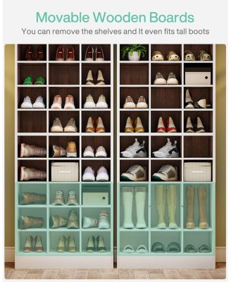 10-Tier Shoe Storage Cabinet, White and Brown Wooden Shoe Rack with 30 Cubbies, Freestanding Tall Entryway Shoe Organizer