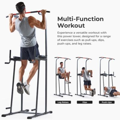 Multi-Function Compact Power Tower, 300 LBs Capacity with Captains Chair, Dip Station, Pull Up Bar, Push Up & Core Workout
