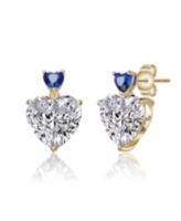 Genevive Sterling Silver 14K Gold Plated with Green, Red, or Blue Cubic Zirconia Two-Stone Heart Stud Earrings - Blue