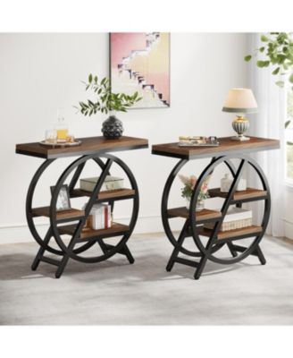 End Table, 3-Tier Narrow Side Table, Wood Sofa Side Table with Geometric Metal Frame, Industrial Nightstand and Bedside Table for Bedroom