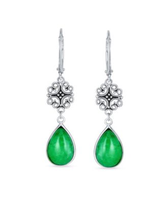 Dyed Green Jade Filigree Teardrop Pear Shaped Good Fortune Lever Back Dangle Earrings .925 Sterling Silver