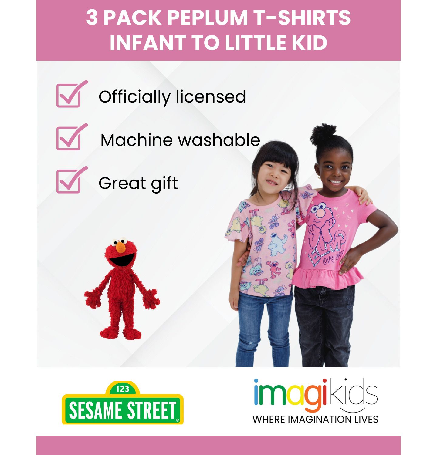 Футболки Sesame Street 3 Pack T-Shirts to (12 Months - 6-6X для девочек-малышей, цвет: Белый / Розовый — фото 2