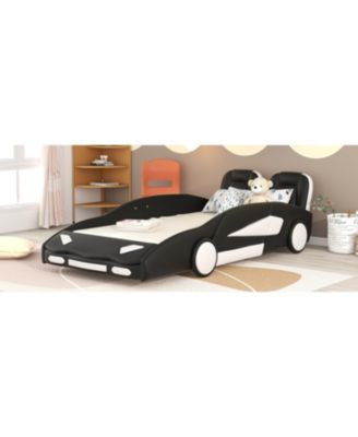 Twin Size Race Car-Shaped Platform Bed with Wheels for Kids