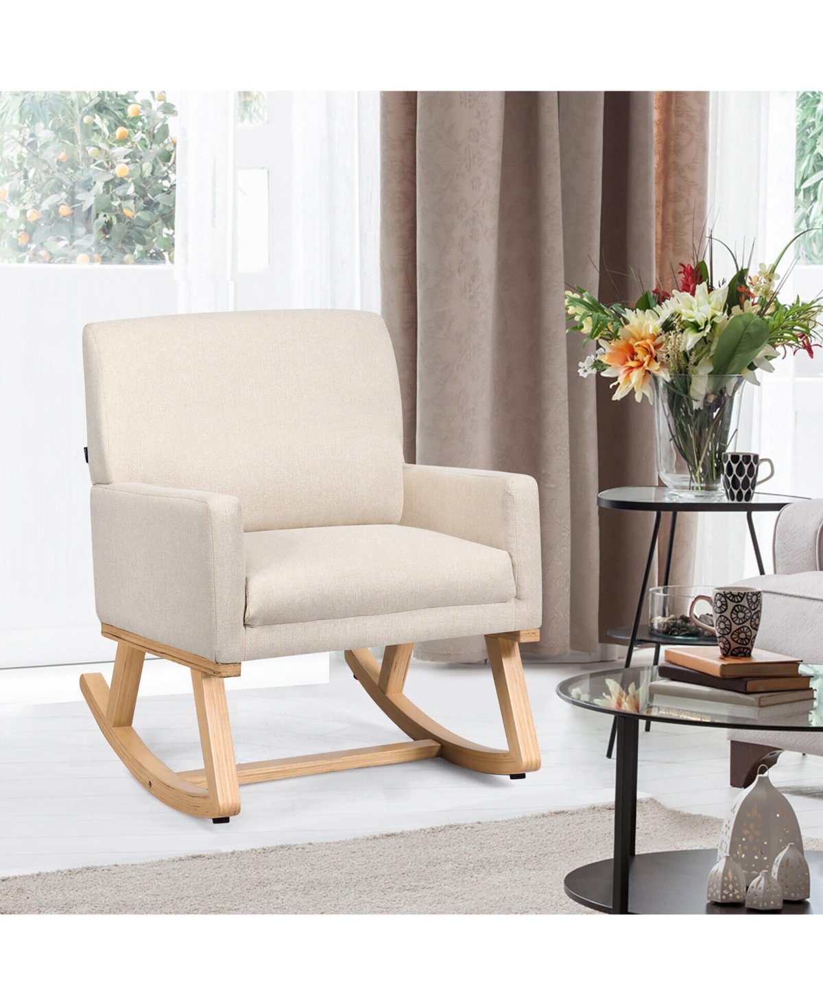 Gymax Mid Century Fabric Lounge Chair Upholstered Accent Armchair Rocking Chair Beige - Light beige+natural