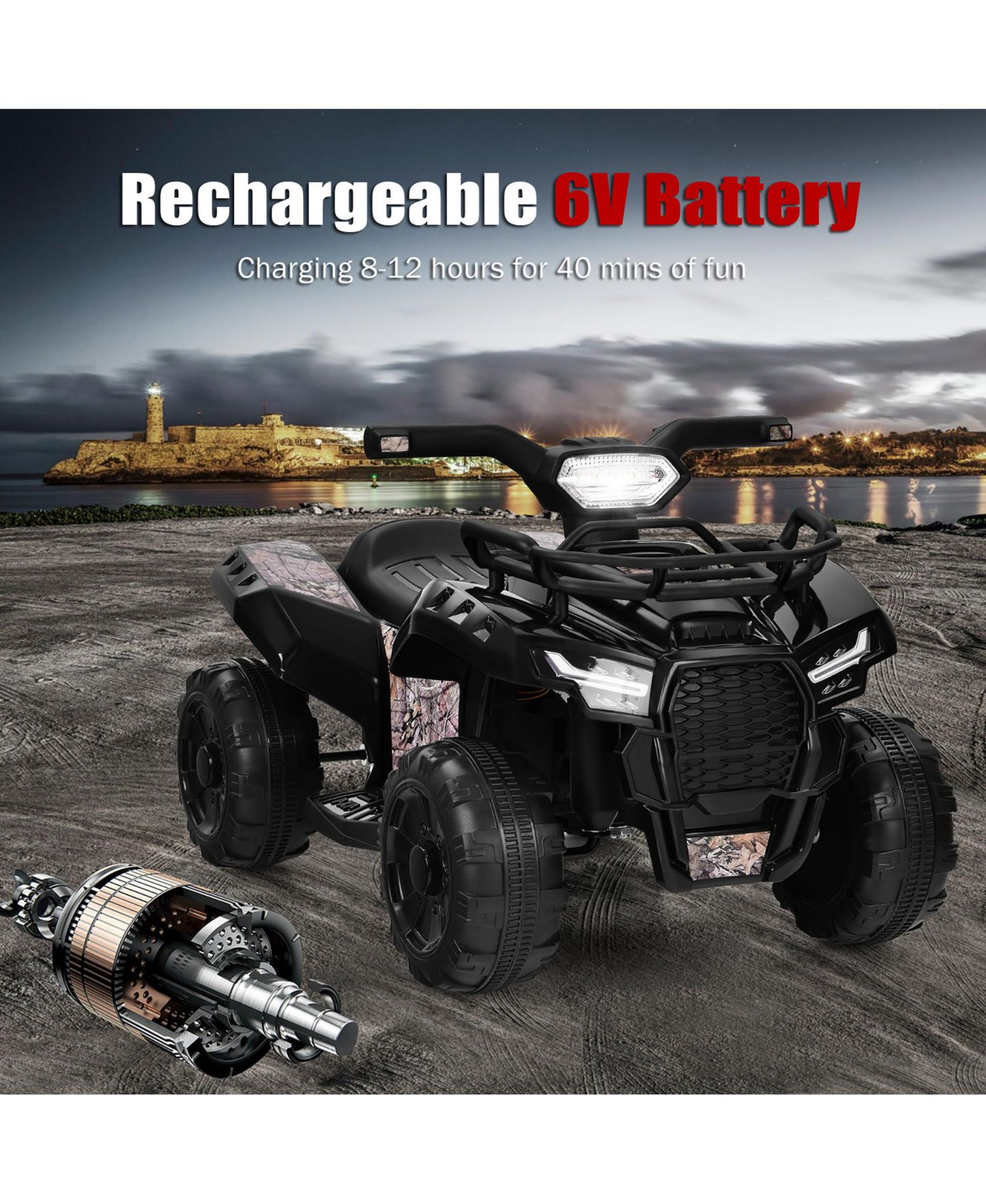 Детская игрушка Costway Kids ATV Quad Electric Ride-On Toy with LED Light, 44 lb. Capacity, Ages 18-36 Months, цвет: Чёрный — фото 5