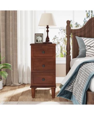 Solid Wood End Table, Fully Assembled Narrow Side Table with Drawers, Pre-Assembled Nightstand Slim Bedside Table for Small Spaces, Living Room, Bedroom, Brown (2)