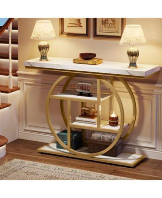 41.3" Console Table, Industrial 4-Tier Sofa Table Entryway Table with Circle Base, Narrow Wood Accent Tables with Shelves, Light Brown